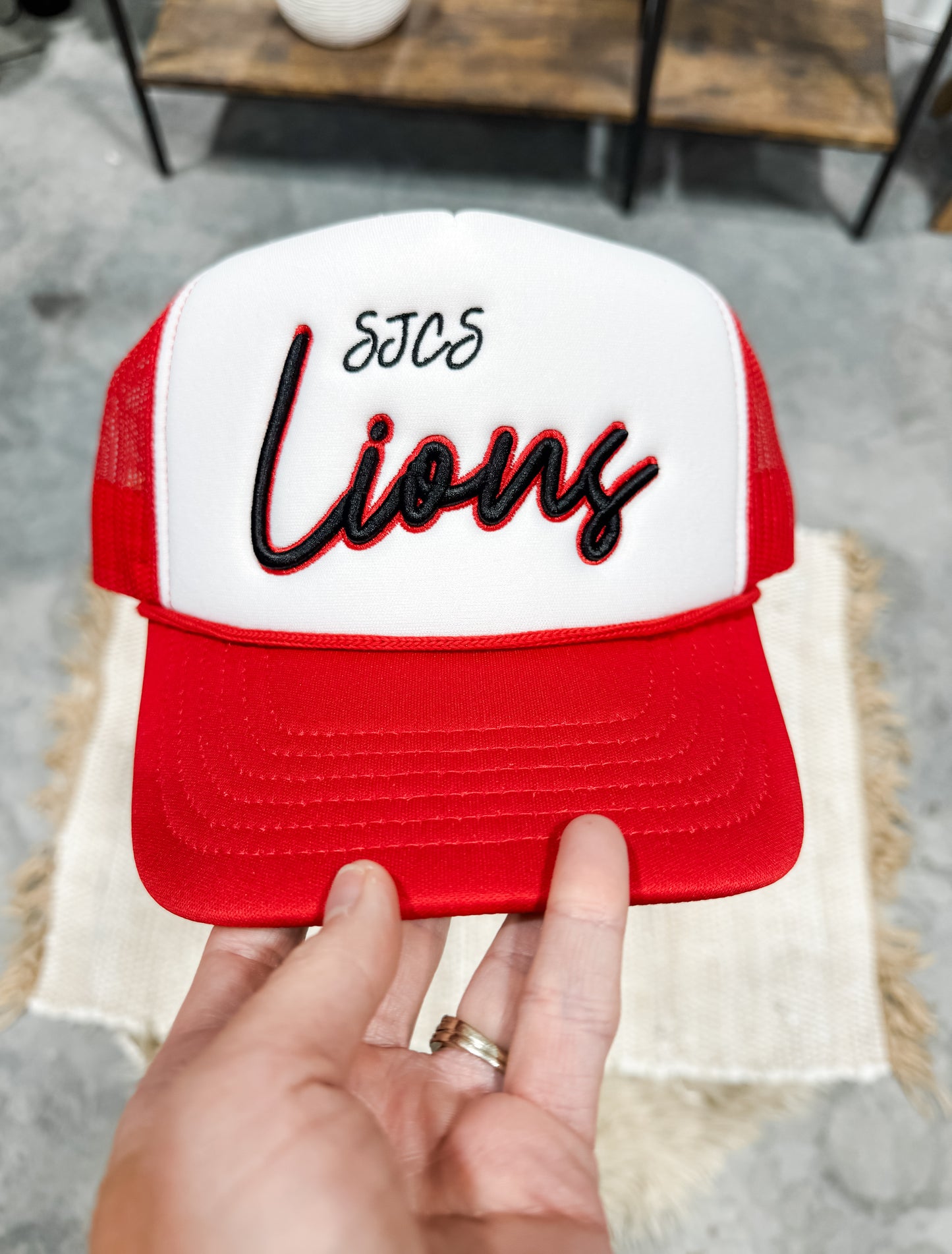 SJCS Black Lions Puff Embroidered Foam Red Trucker Hat