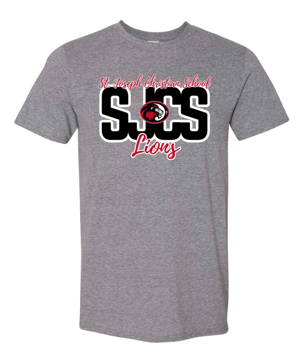 SJCS Lions Script Heather Graphite Tee
