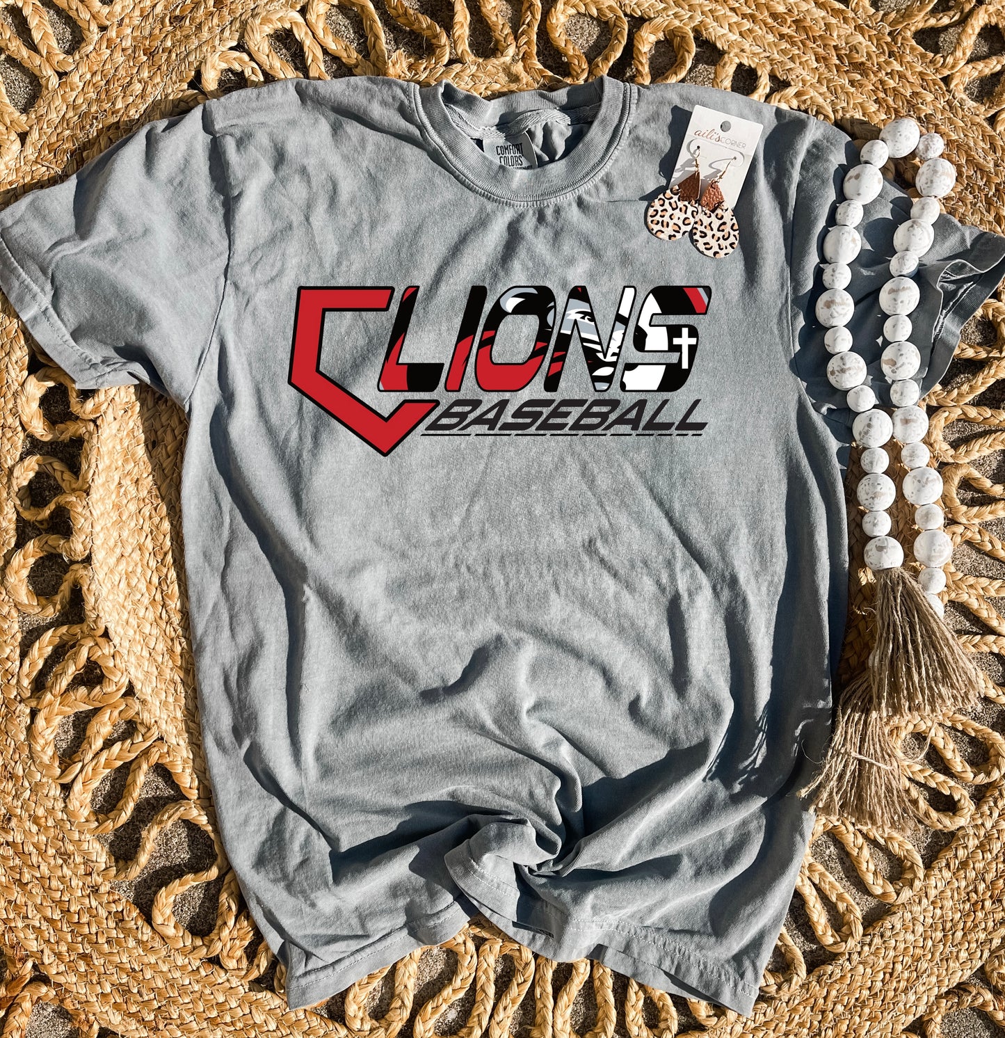 Red & Black Lions Baseball Grey Comfort Colors Tee