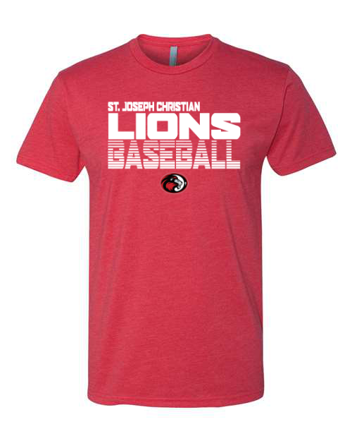 White SJCS Lions Baseball Lined Red Next Level Tee