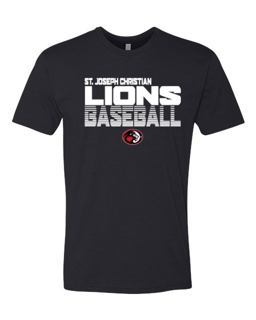 White SJCS Lions Baseball Lined Black Next Level Tee