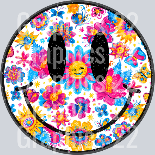 Floral Smiley Neon Pink  DTF Transfer