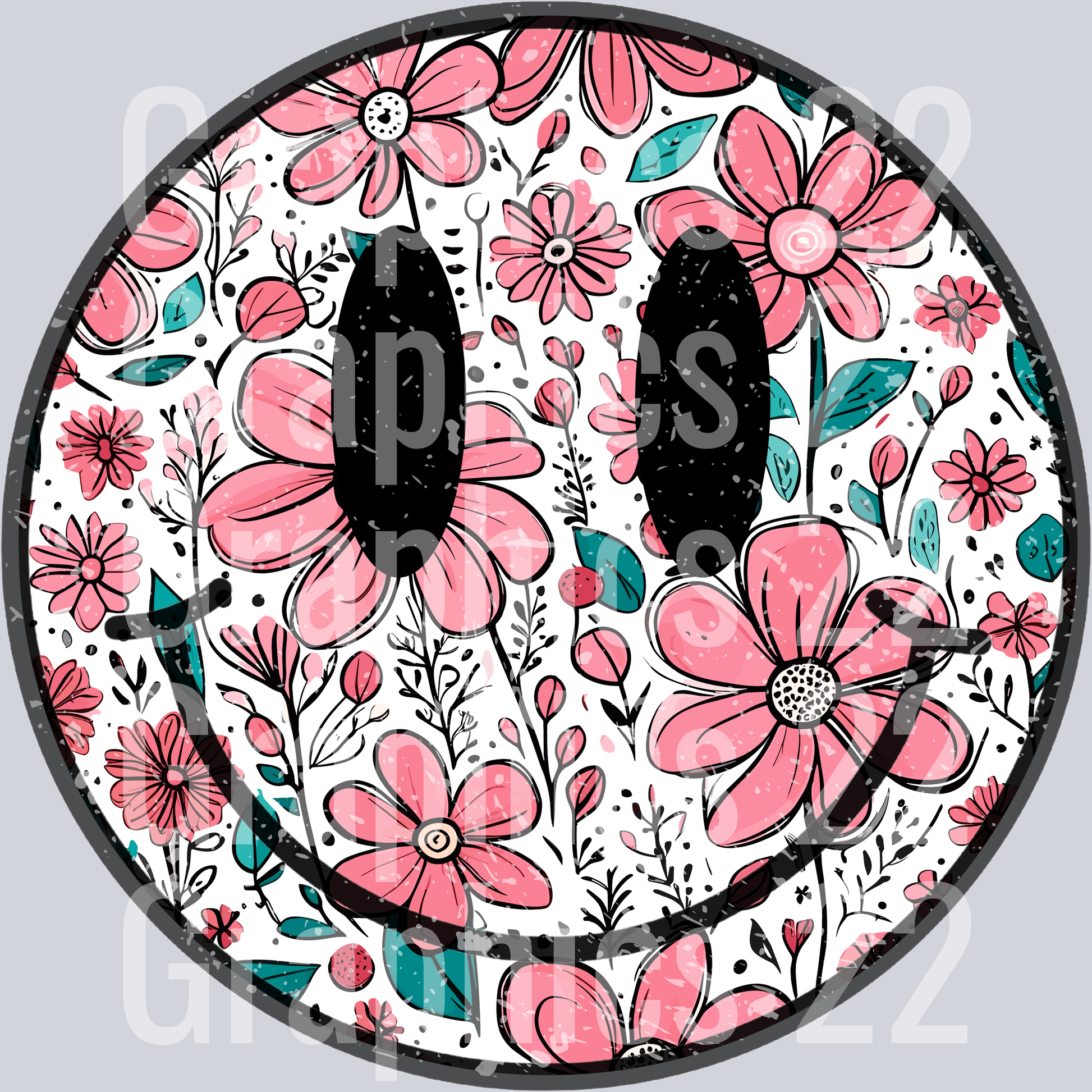 Pink Floral  Smiley PNG  DTF Transfer