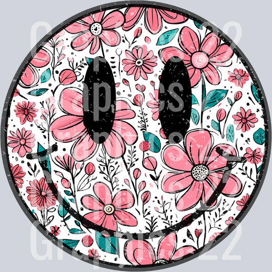 Pink Floral  Smiley PNG  DTF Transfer
