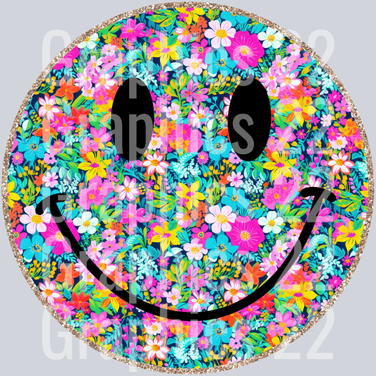 Colorful Distressed Floral Smiley Neon Cantaloupe DTF Transfer