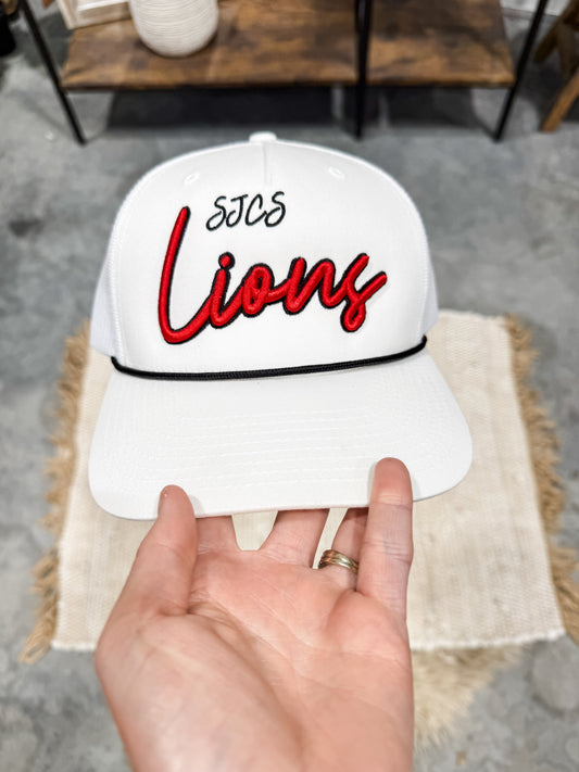 SJCS Red Lions Puff Embroidered White With Black Rope Hat