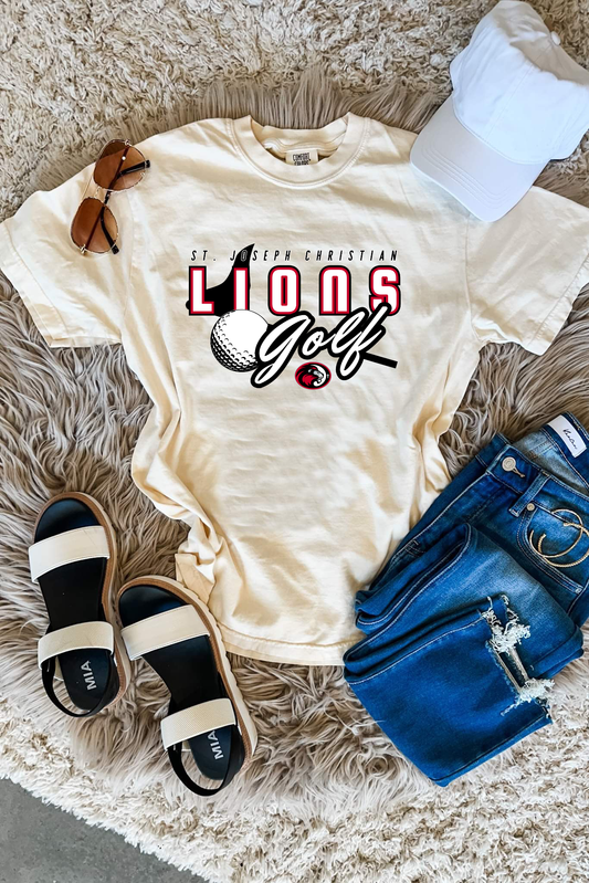 SJCS Lions Golf Script Ivory Comfort Colors Tee