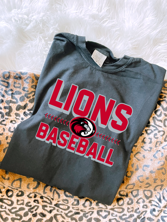 Lions Baseball Logo Stitching Black Comfort Colors Tee