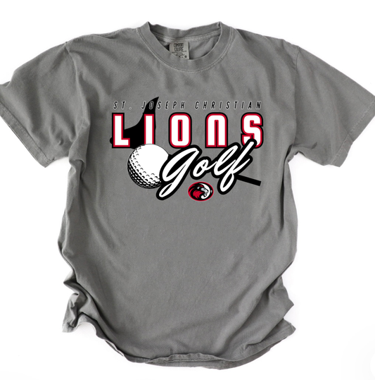 SJCS Lions Golf Script Grey Comfort Colors Tee