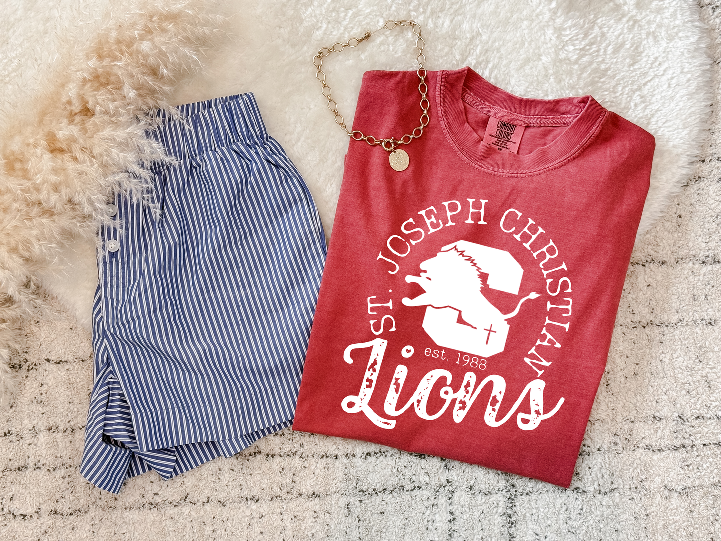 White Vintage SJCS Spirit Wear Crimson Tee