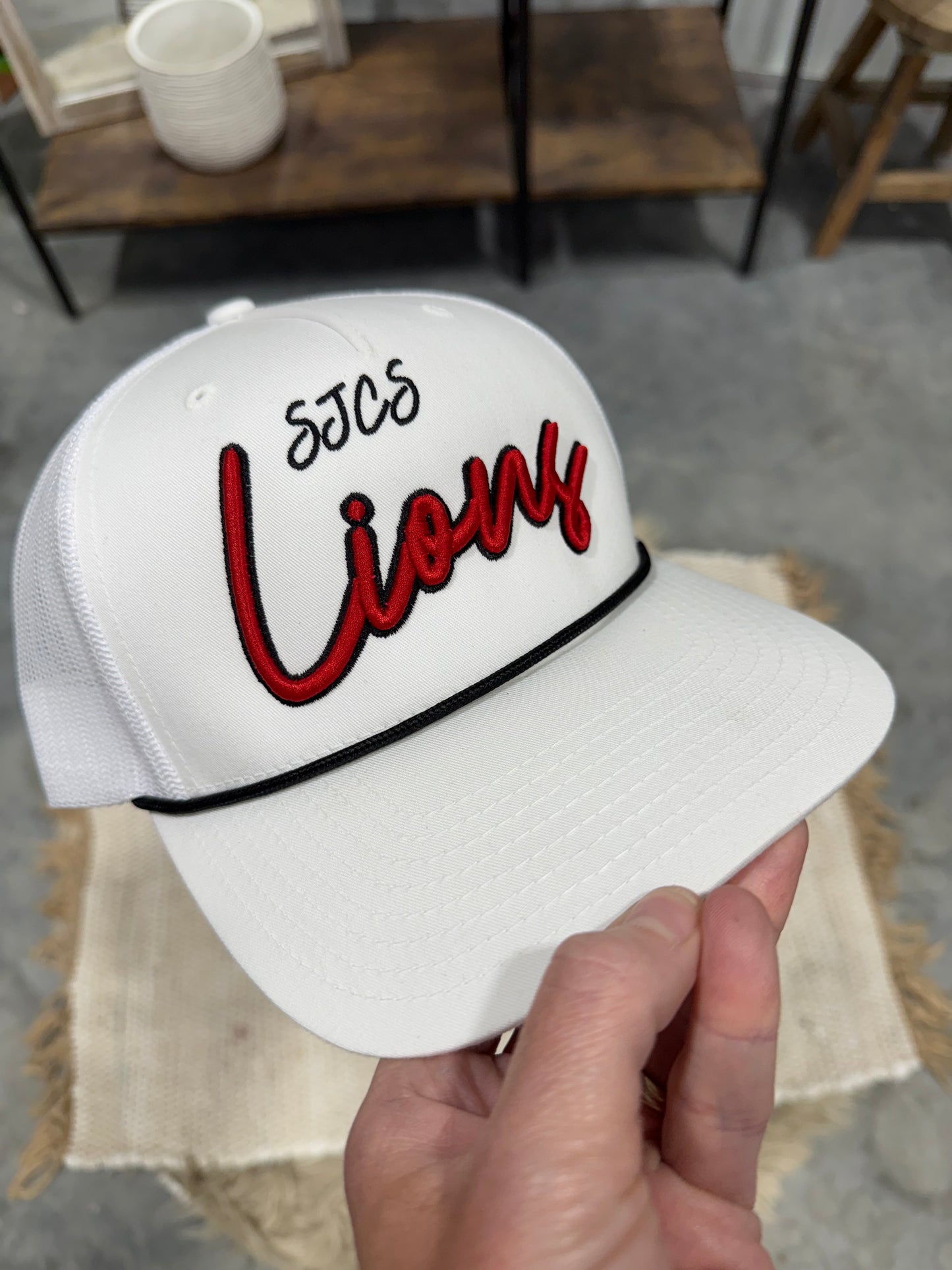 SJCS Red Lions Puff Embroidered White With Black Rope Hat