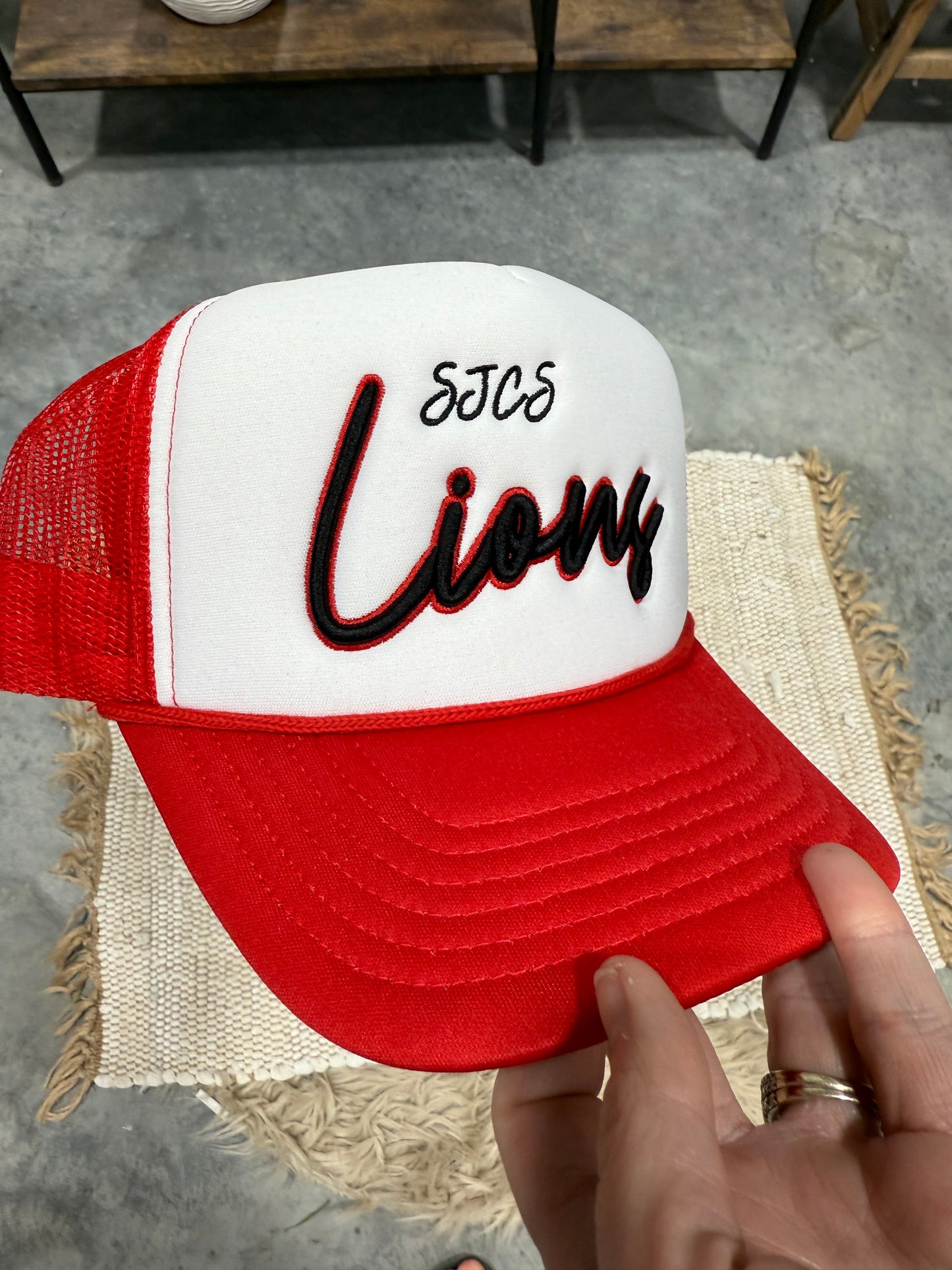 SJCS Black Lions Puff Embroidered Foam Red Trucker Hat