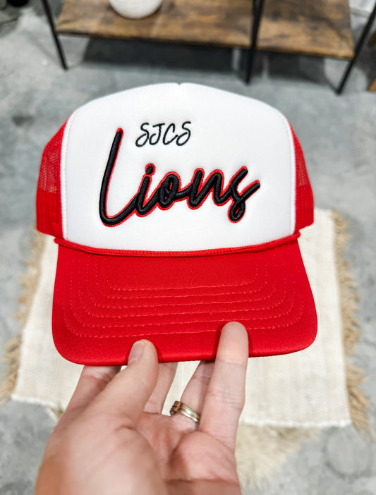 SJCS Black Lions Puff Embroidered Foam Red Trucker Hat