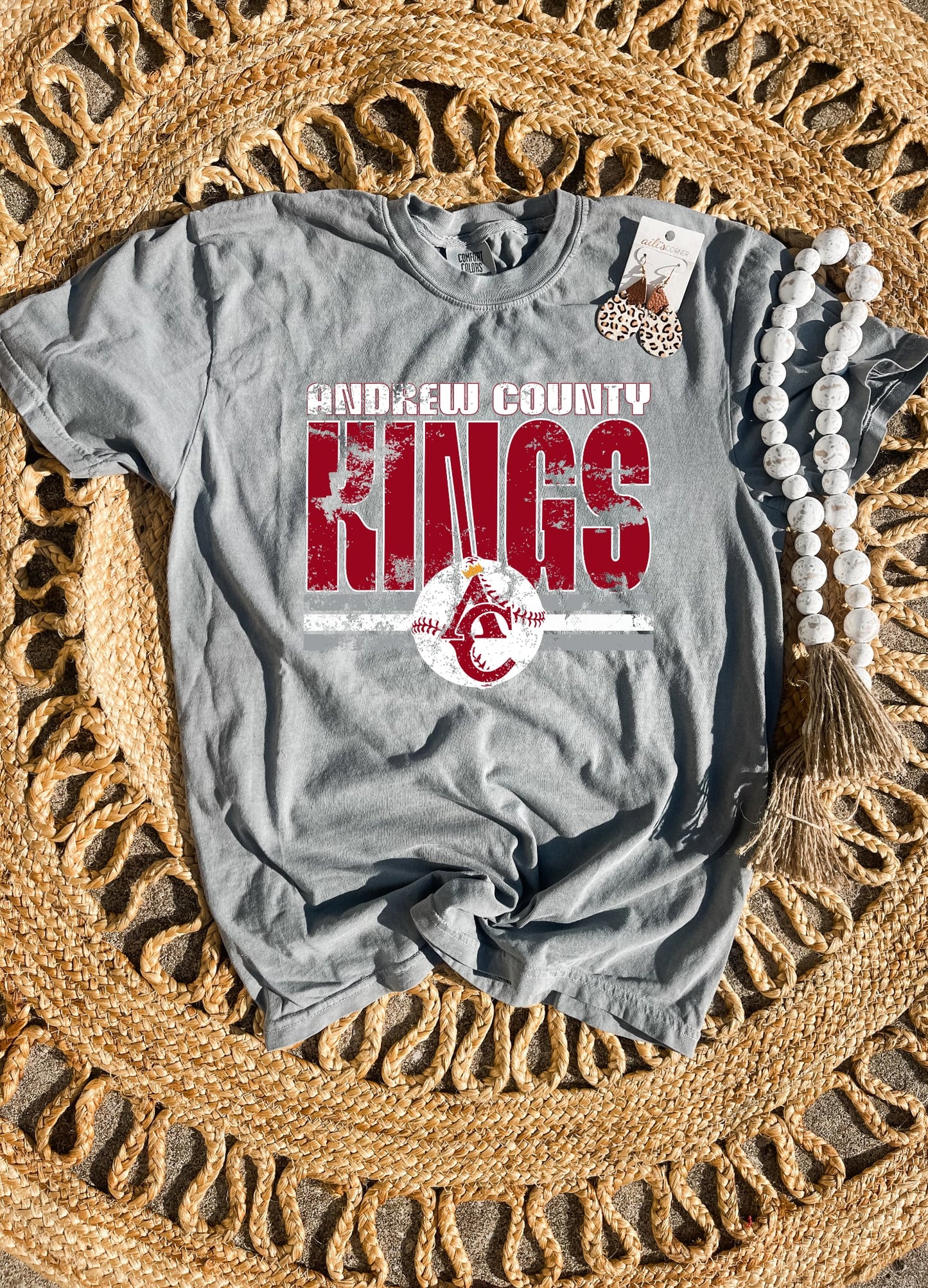 Distressed Andrew County Kings Baseball Grey Tee