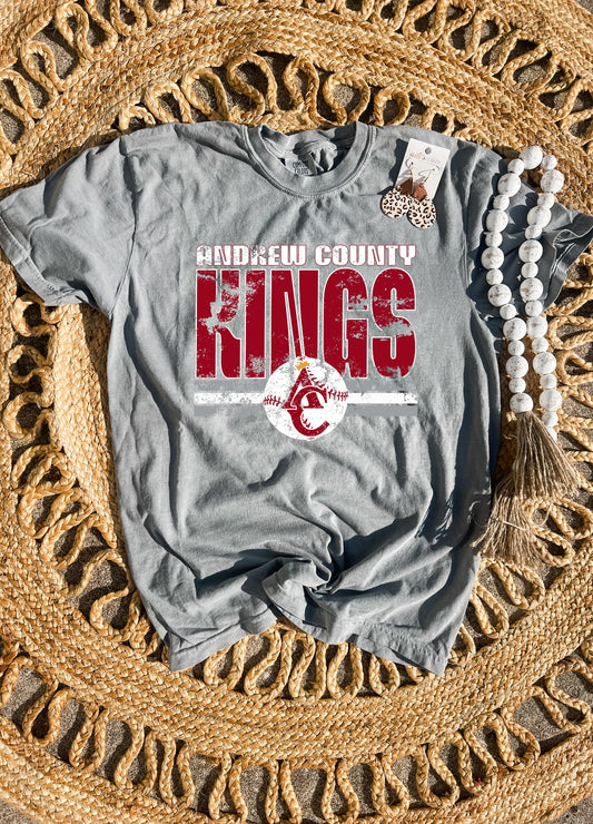 Distressed Andrew County Kings Baseball Grey Tee