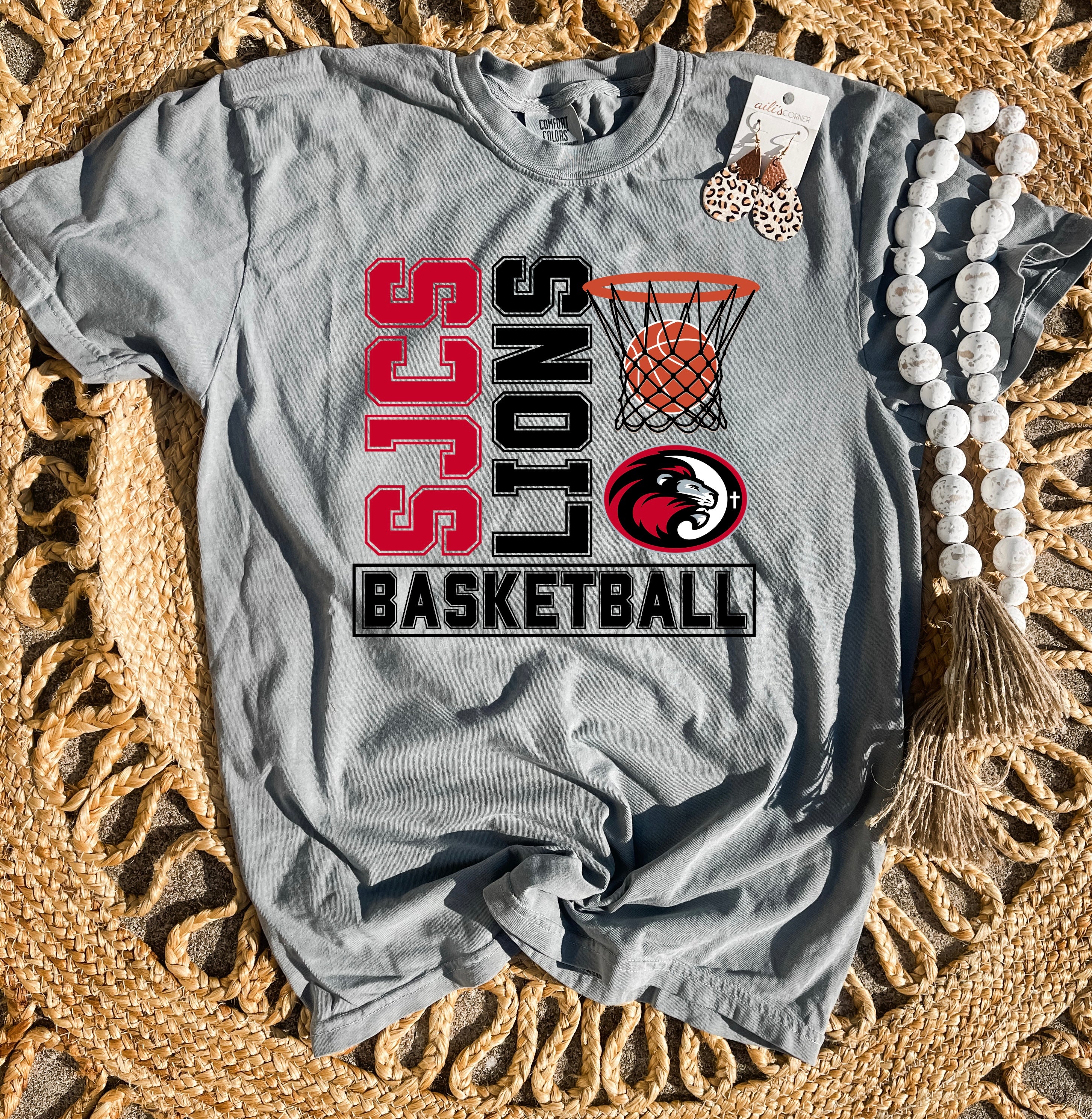 Red & Black Vertical SJCS Lions Basketball Grey Comfort Colors Tee ...