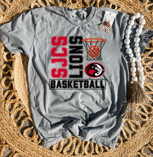 Red & Black Vertical SJCS Lions Basketball Grey Comfort Colors Tee