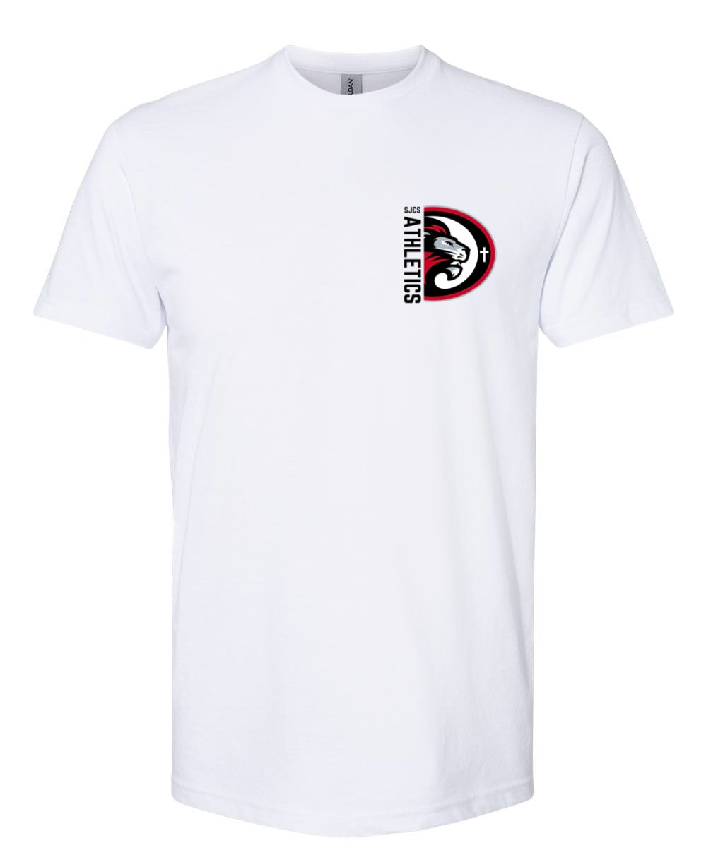 Black Left Chest Vertical SJCS Athletics Lions White Tee