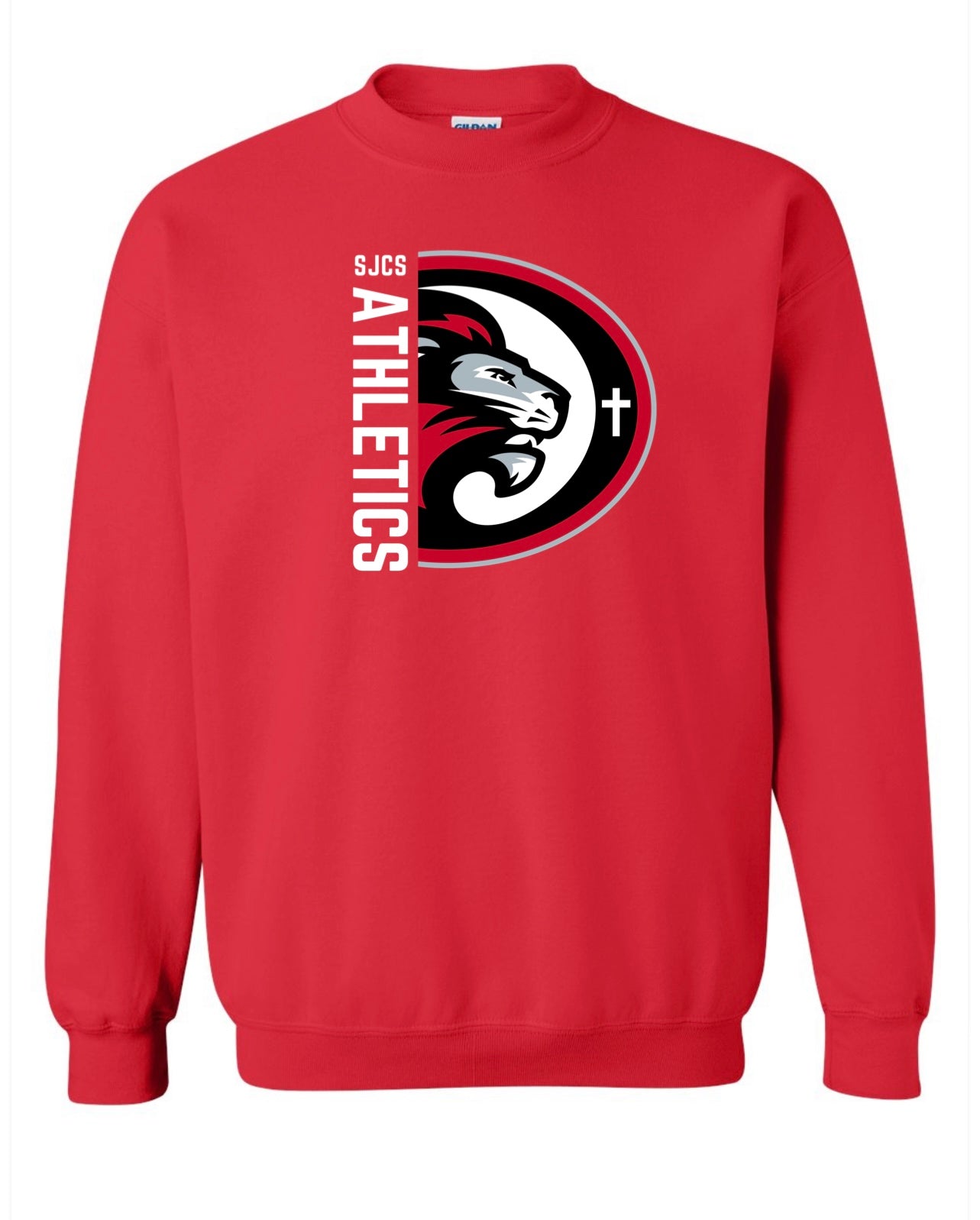 White Vertical SJCS Athletics Lions Black Red Sweatshirt/Hoodie Option